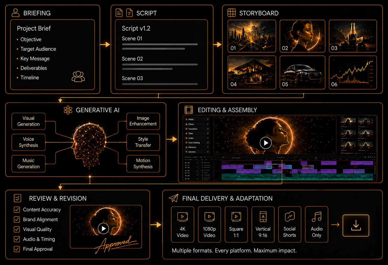 Standard Deliver Flow — Briefing, Script, Storyboard, Generative AI, Editing, Review, Final Delivery